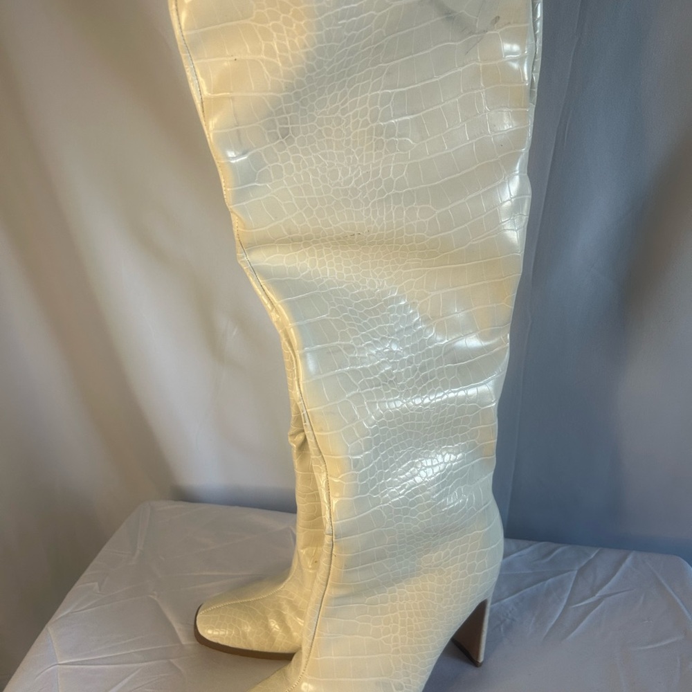 Missguided Cream Croc-Embossed Over the Knee Boots